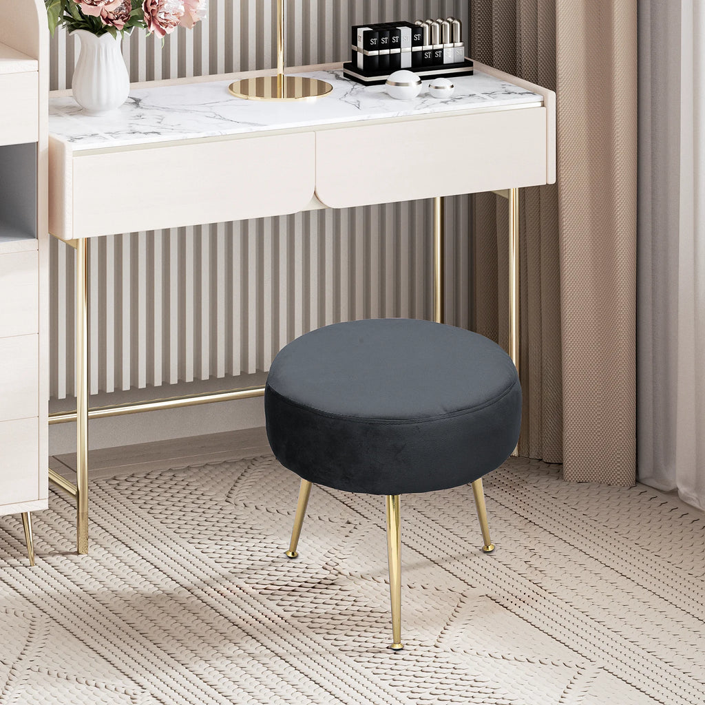 Black Velvet Round Ottoman with Metal Legs L903