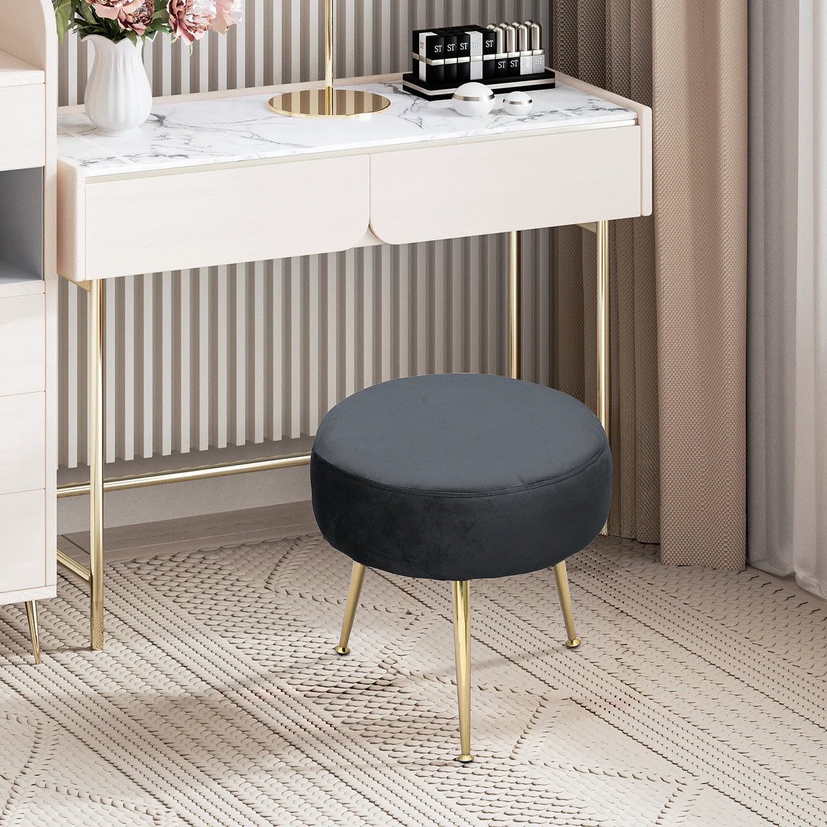 Black Velvet Round Ottoman with Metal Legs L903