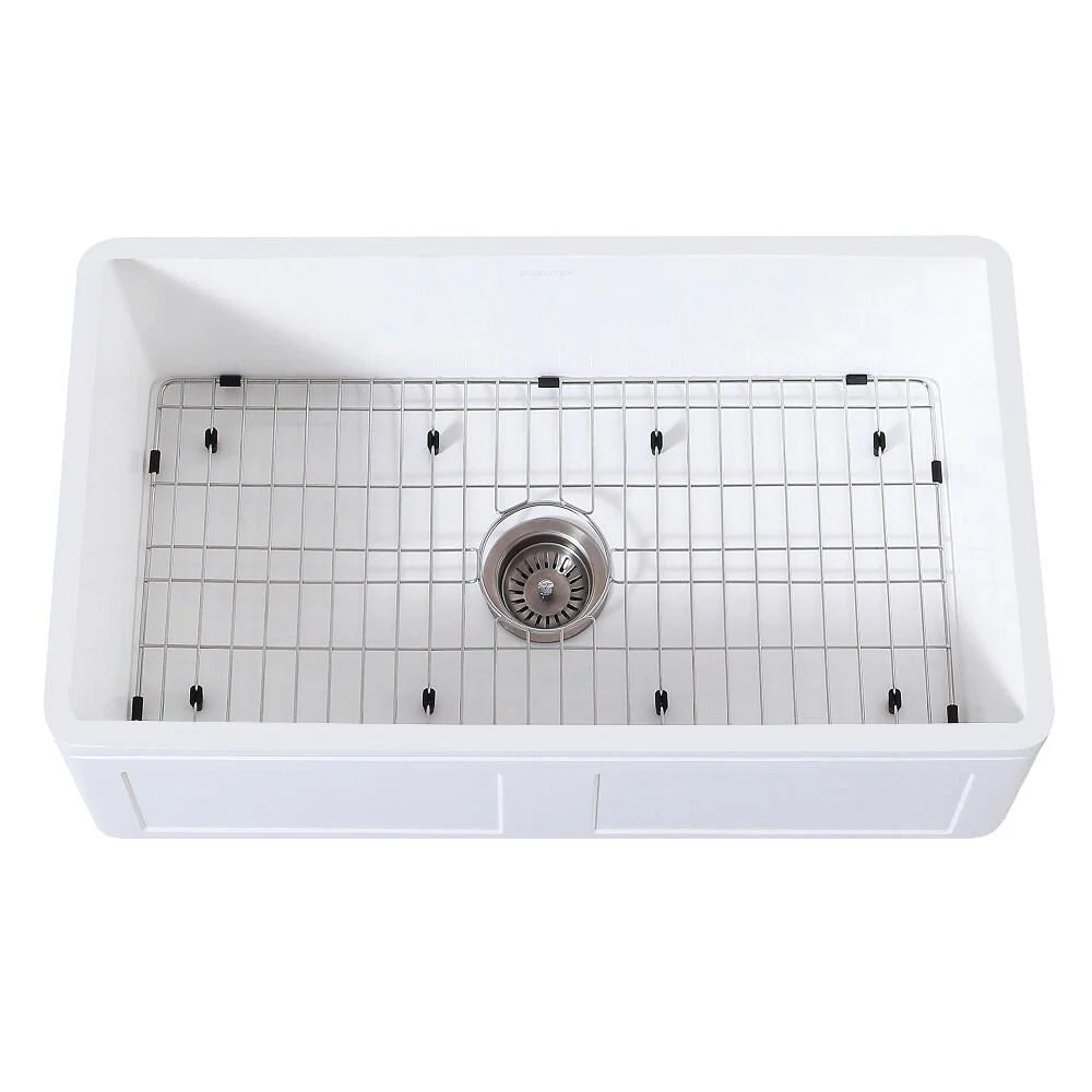 33 In. Farmhouse Kitchen Sink with Strainer and Grid, Matte White Z591