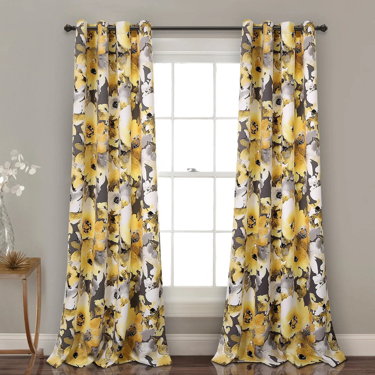 Floral Watercolor Room Darkening 84" x 52" Yellow Polyester 2-Piece Curtain D9724
