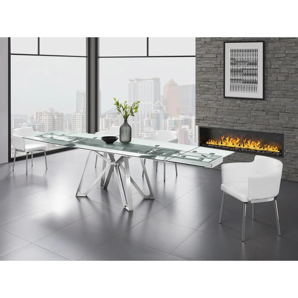 Manual Dining Table with Brushed Stainless Steel Base and Clear Top W895124