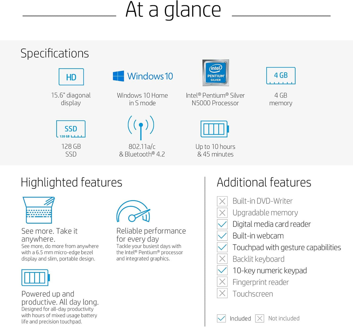 15.6in Laptop Intel Pentium Quad-Core N5000 4GB RAM 500GB Hard Drive Windows 10 S Renewed T412