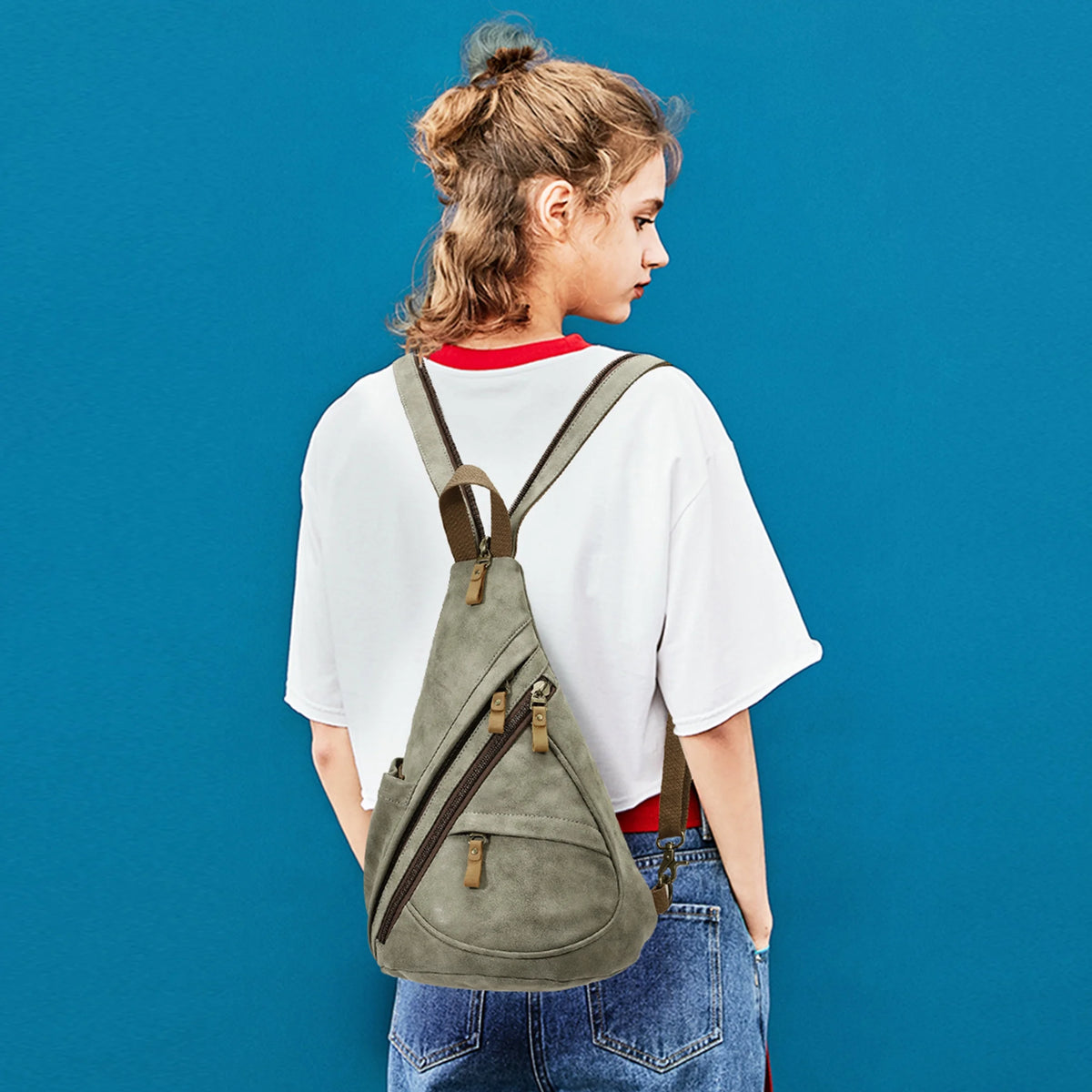 Olive Green PU Leather Sling Bag K387
