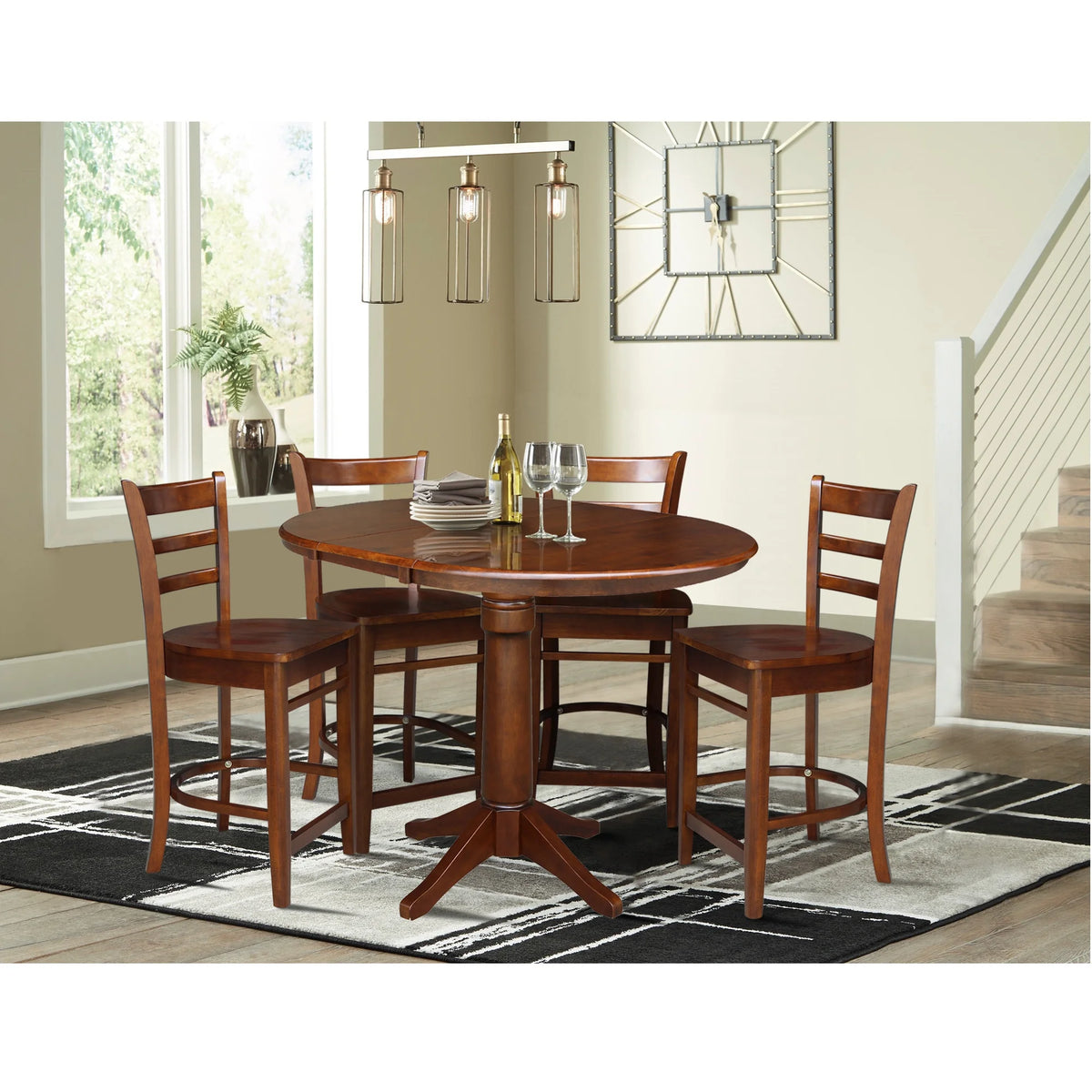 Espresso Round Solid Wood Extension Dining Table with 4 Counter Height Stools P59152