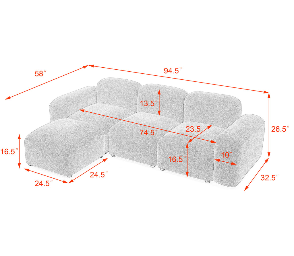 L-Shape Modular Sectional Sofa with 2 Pillows Teddy Fabric Orange M92492