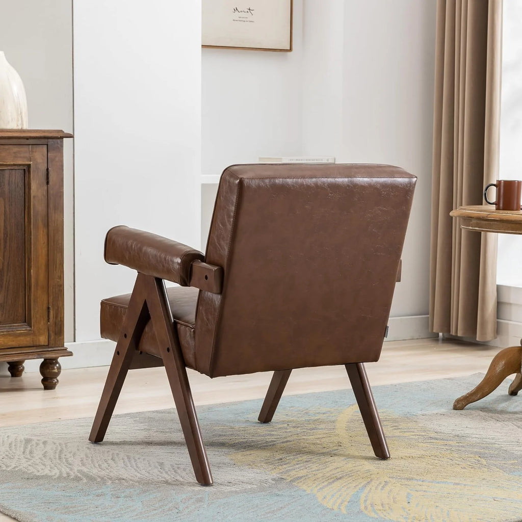 Brown PU Leather Accent Chair with Wood Armrest G1599