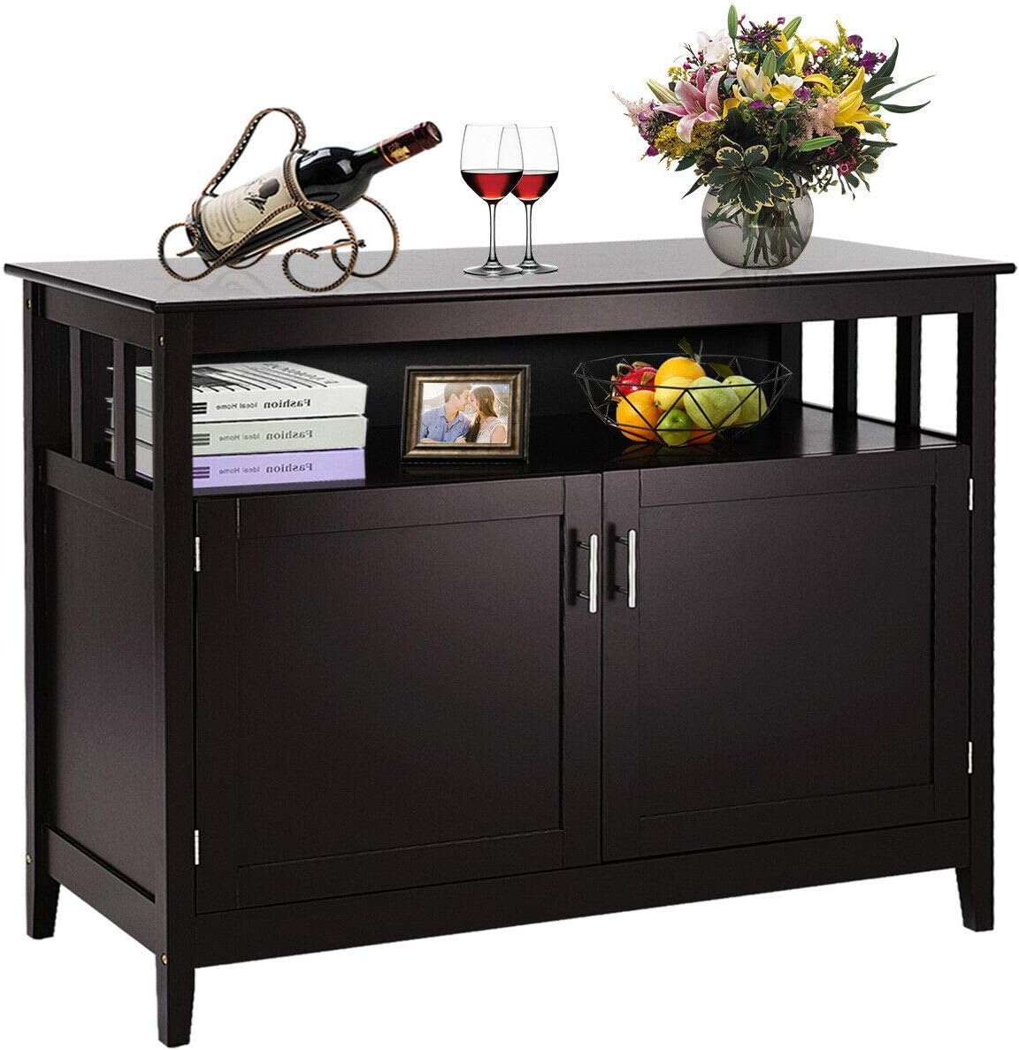 Espresso Wood Kitchen Storage Cabinet Buffet with Adjustable Shelf W491148