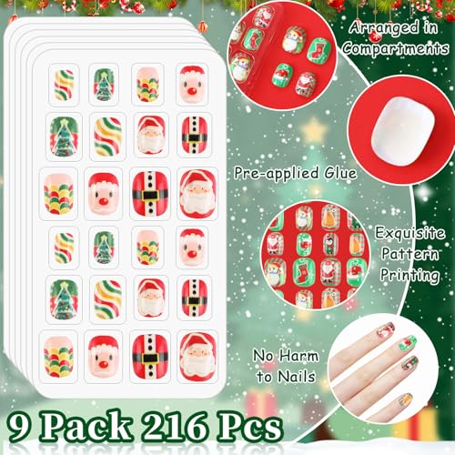 Christmas Kids Press on Nails 216Pcs 9 Pack Short Full Cover False Nail Tips G361