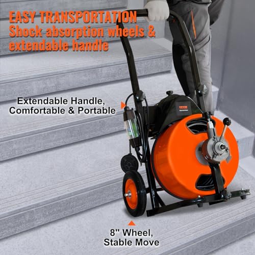100FT x 3/4 Inch Drain Cleaning Machine Sewer Auger Auto Feed with 4 Cutter & Air-activated Foot Switch S638401