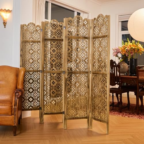 68.9 Inch 4 Panels Wood Carved Folding Room Divider D93814