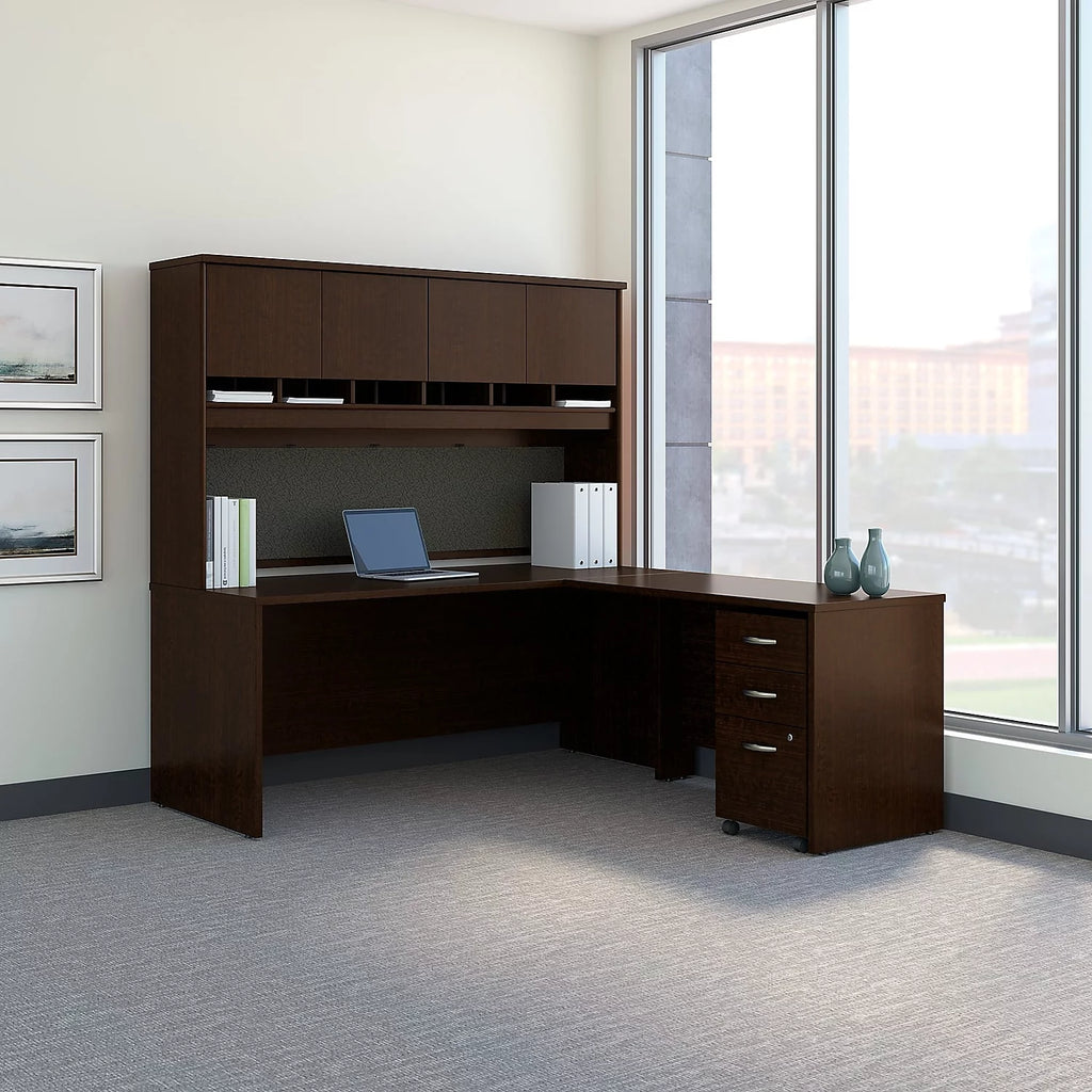 72W L Shaped Desk with Storage in Mocha Cherry X2396