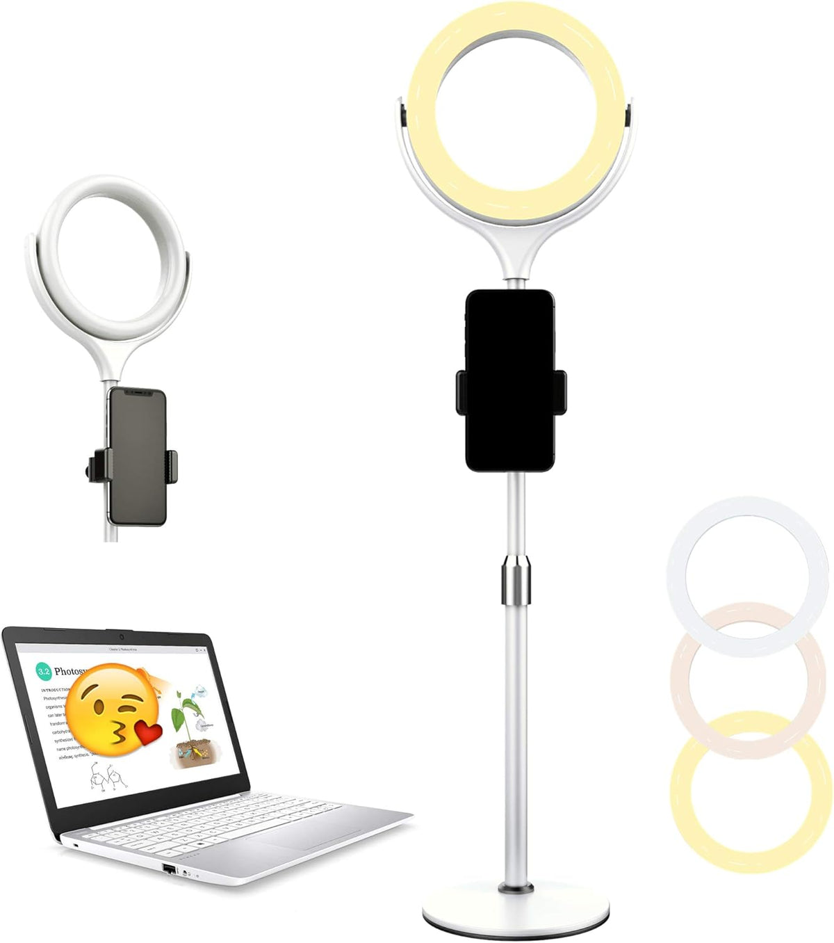 White Adjustable LED Ring Light with Phone Holder V398