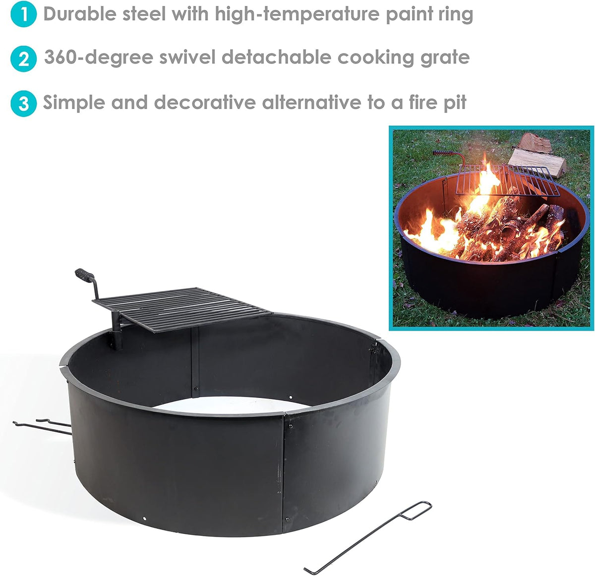 36 Inch Heavy Duty Steel Fire Pit with Cooking Grate and Fire Poker Y578