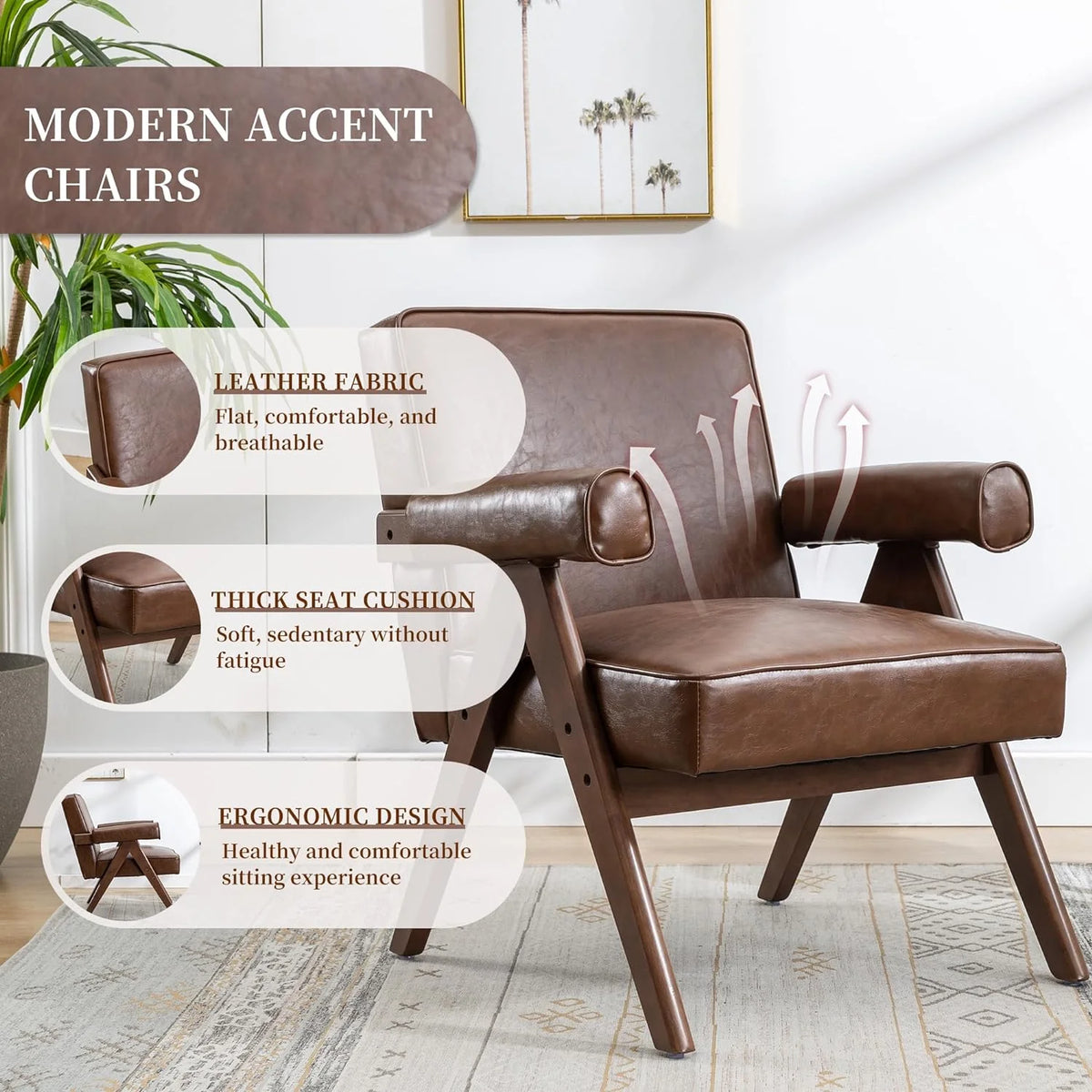 Brown PU Leather Accent Chair with Wood Armrest G1599