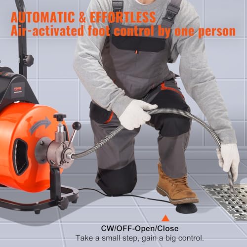 100FT x 3/4 Inch Drain Cleaning Machine Sewer Auger Auto Feed with 4 Cutter & Air-activated Foot Switch S638401