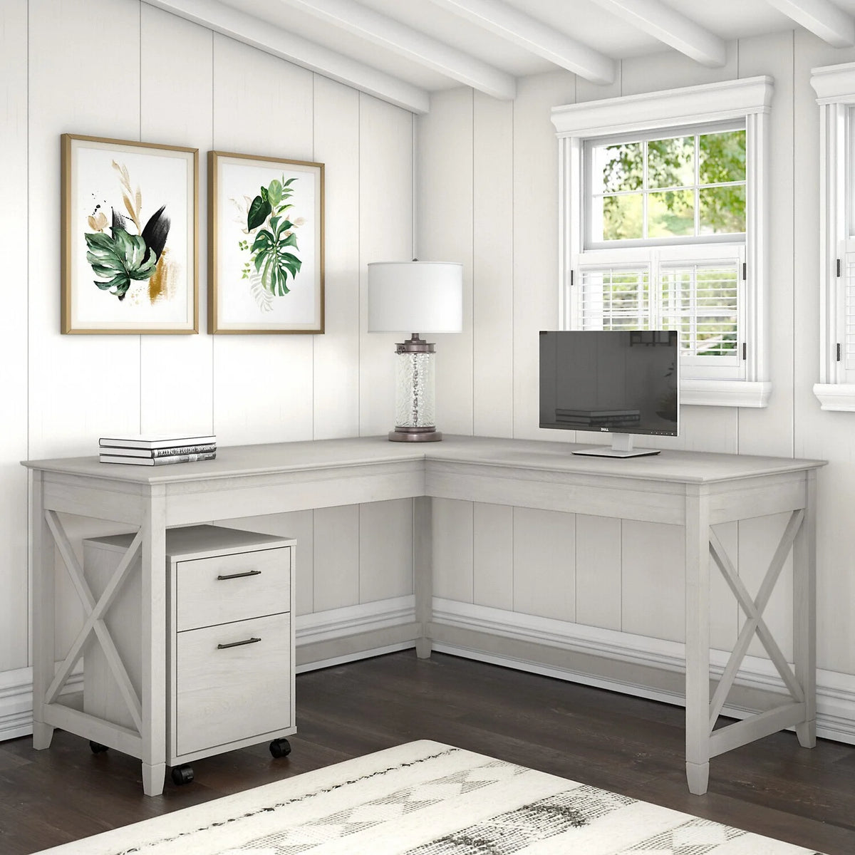 60W L Shaped Desk With 2 Drawer Mobile File Cabinet M2356