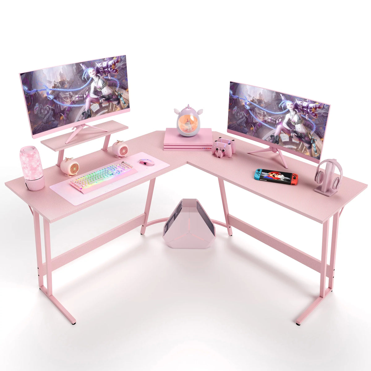 Pink L-Shaped Gaming Desk with Monitor Riser I339674