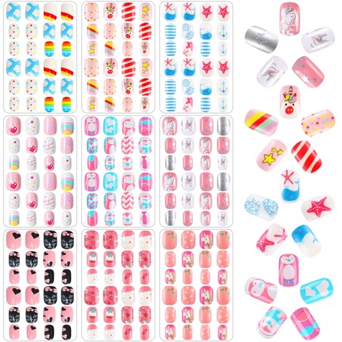 Christmas Kids Press on Nails 216Pcs 9 Pack Short Full Cover False Nail Tips G361