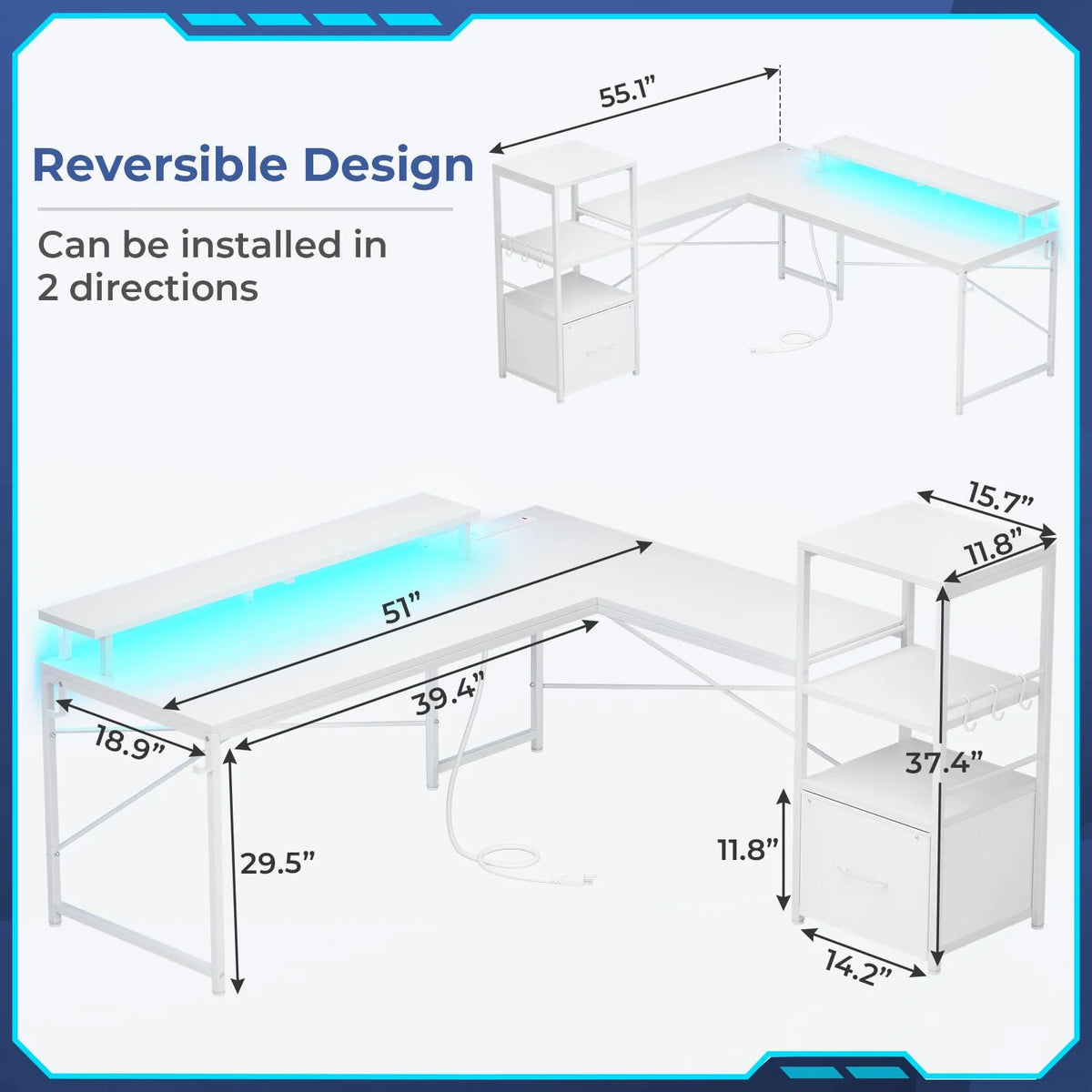 51" White L Shaped Computer Desk with Charging Port K6072