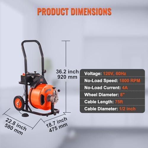 100FT x 3/4 Inch Drain Cleaning Machine Sewer Auger Auto Feed with 4 Cutter & Air-activated Foot Switch S638401
