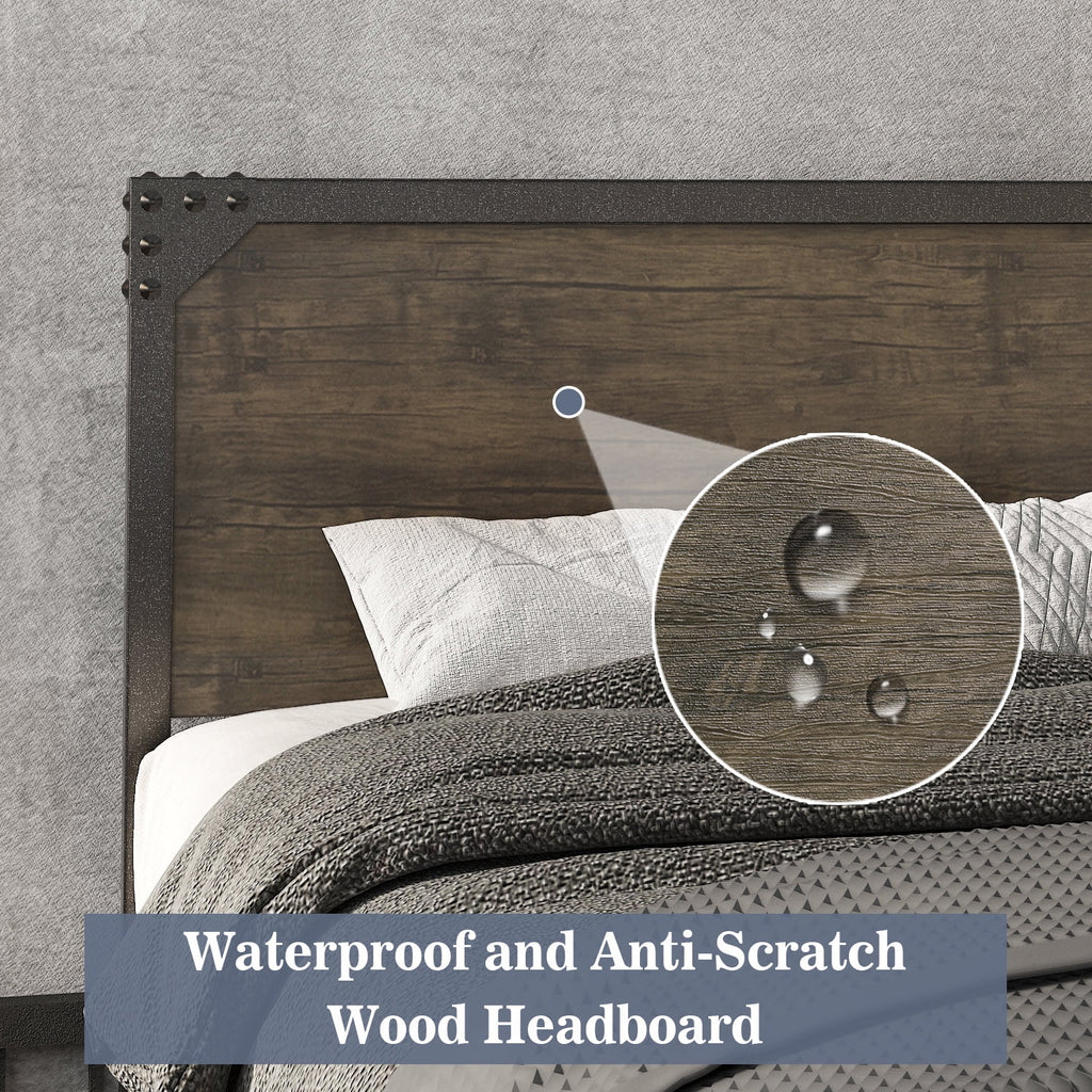 Queen Size Brown Metal Platform Bed Frame with Wooden Headboard M7191