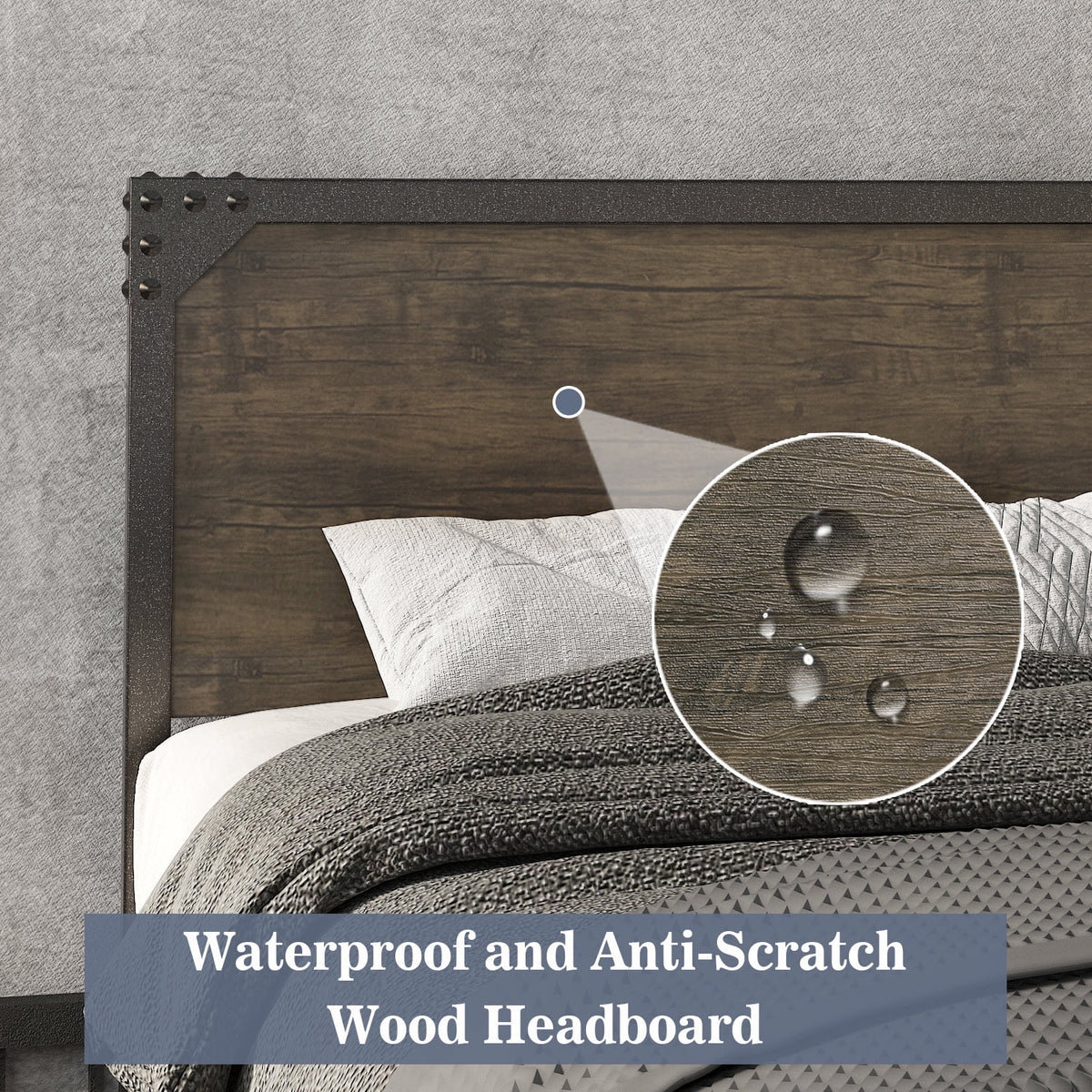 Queen Size Brown Metal Platform Bed Frame with Wooden Headboard M7191