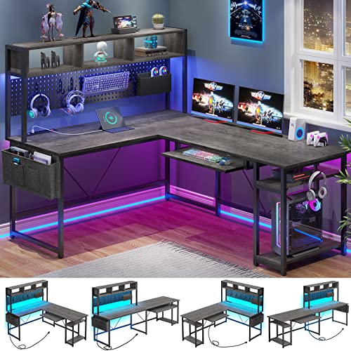 Black L Shaped Gaming Desk with Power Outlet and Pegboard Z545748