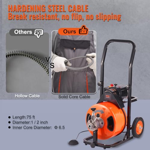 100FT x 3/4 Inch Drain Cleaning Machine Sewer Auger Auto Feed with 4 Cutter & Air-activated Foot Switch S638401