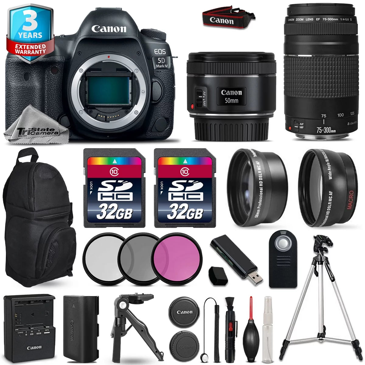 Camera + 50mm 1.8 + 75-300mm III + 3PC Filter W8781