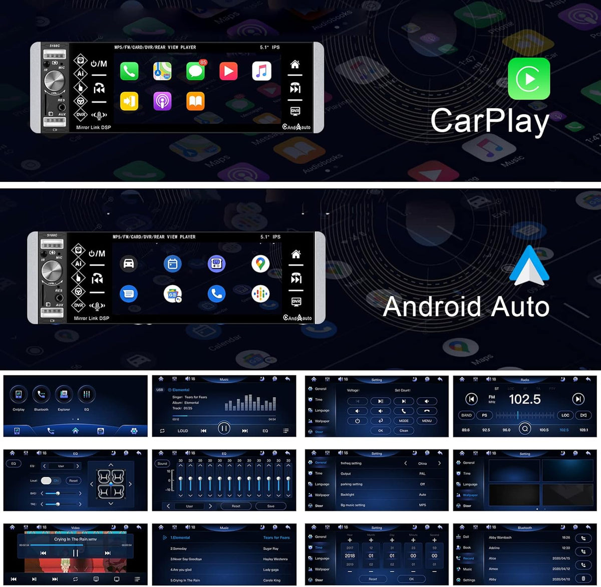 Single Din 5.1 Inch Touchscreen Car Stereo with Carplay Android Auto Bluetooth DVR FM RDS AM Tuner USB SD Aux SWC Microphone Backup Camera U107