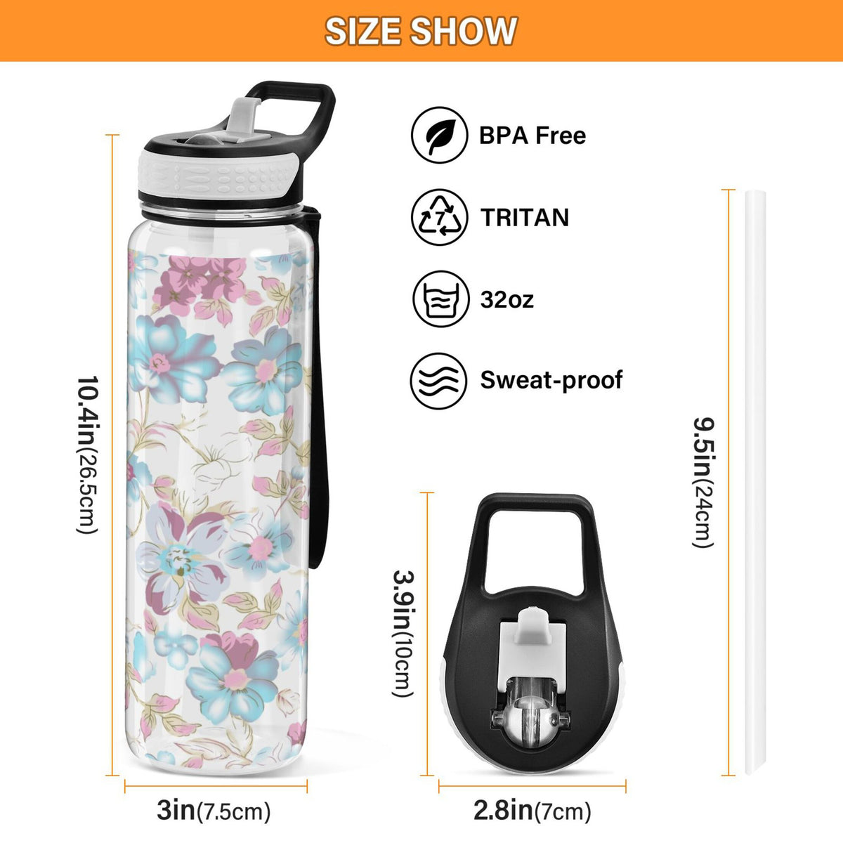 Blue Colorful Flowers 32oz Tritan Leakproof Sports Bottle I102618