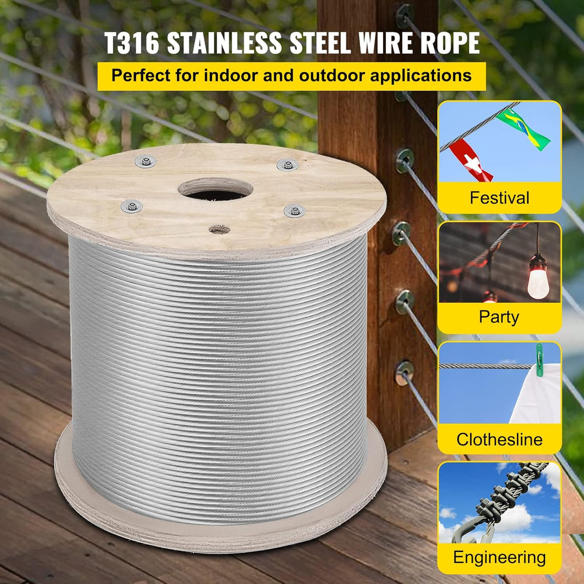 Stainless Steel Cable Railing 3/16 x 1000ft, 316 Marine Grade Braided Aircraft Cable 1x19 Strands Q475