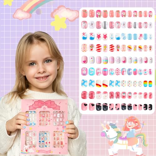Christmas Kids Press on Nails 216Pcs 9 Pack Short Full Cover False Nail Tips G361