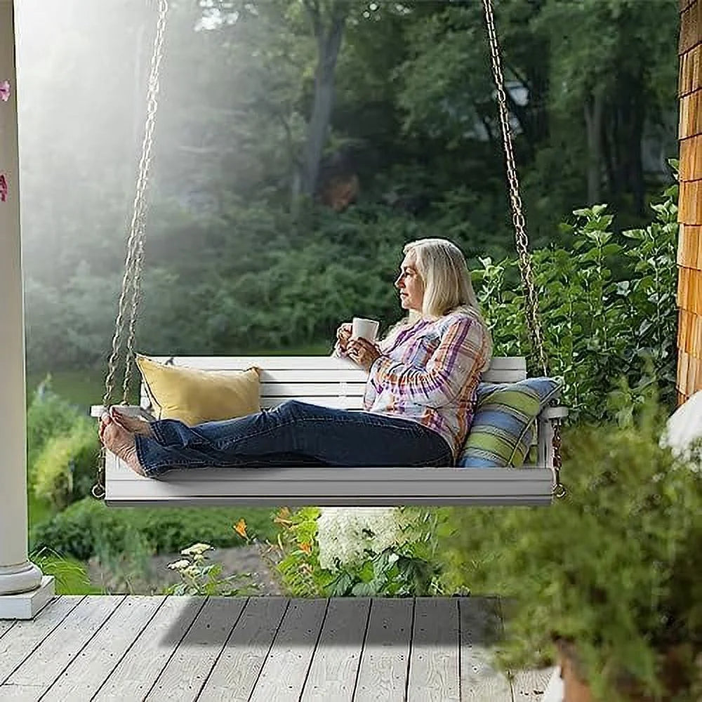 White 5 FT Wooden Porch Swing Bench with Hanging Chains X27462