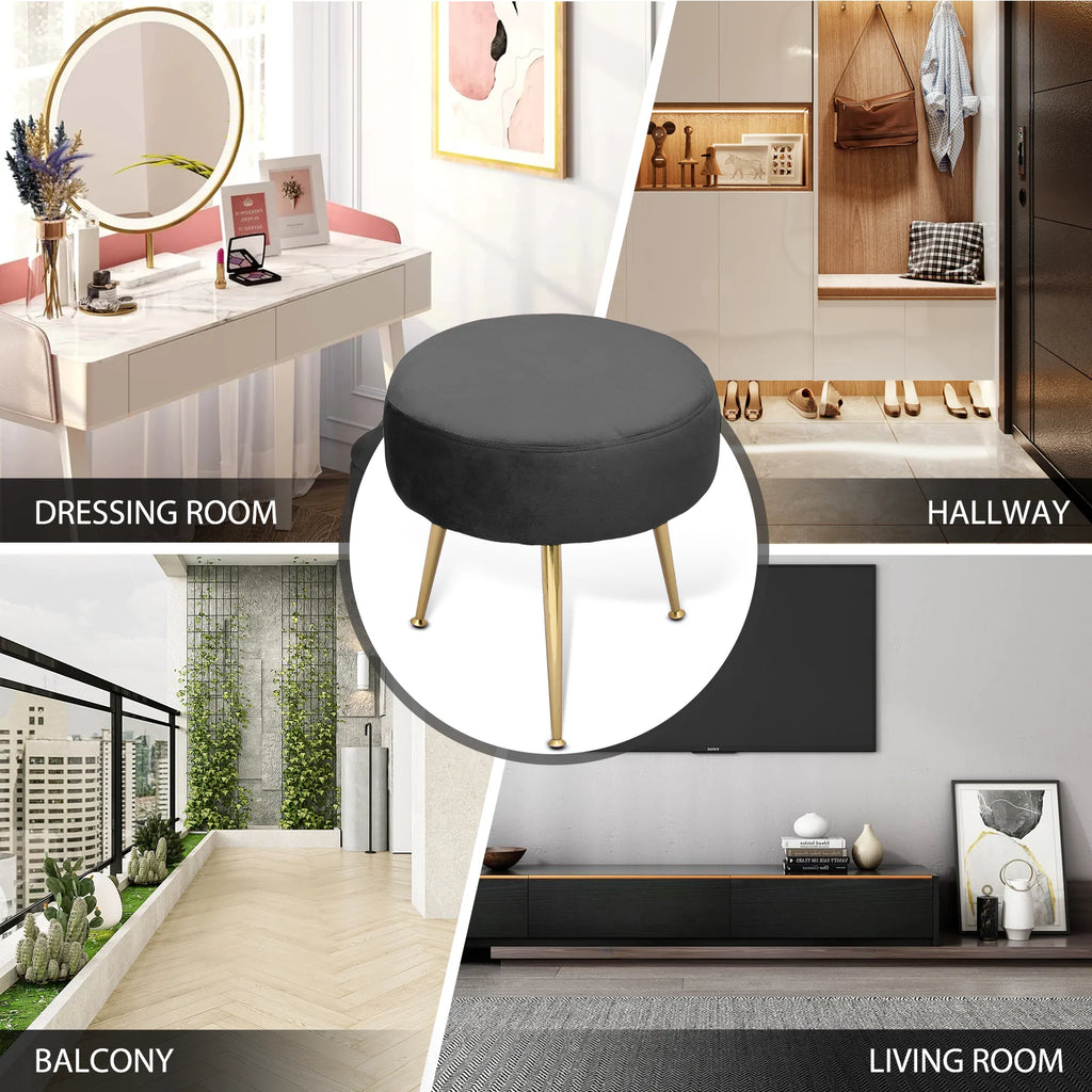 Black Velvet Round Ottoman with Metal Legs L903