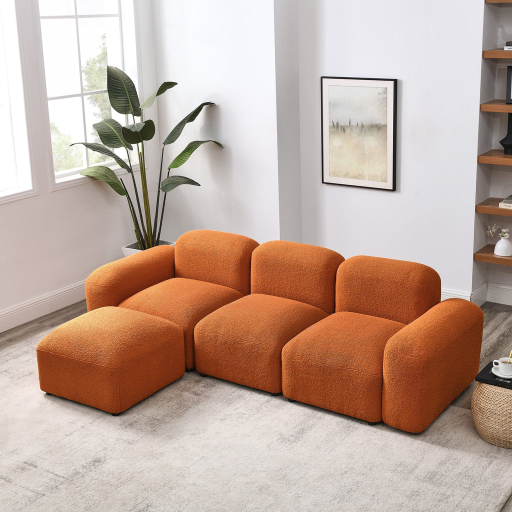 L-Shape Modular Sectional Sofa with 2 Pillows Teddy Fabric Orange M92492
