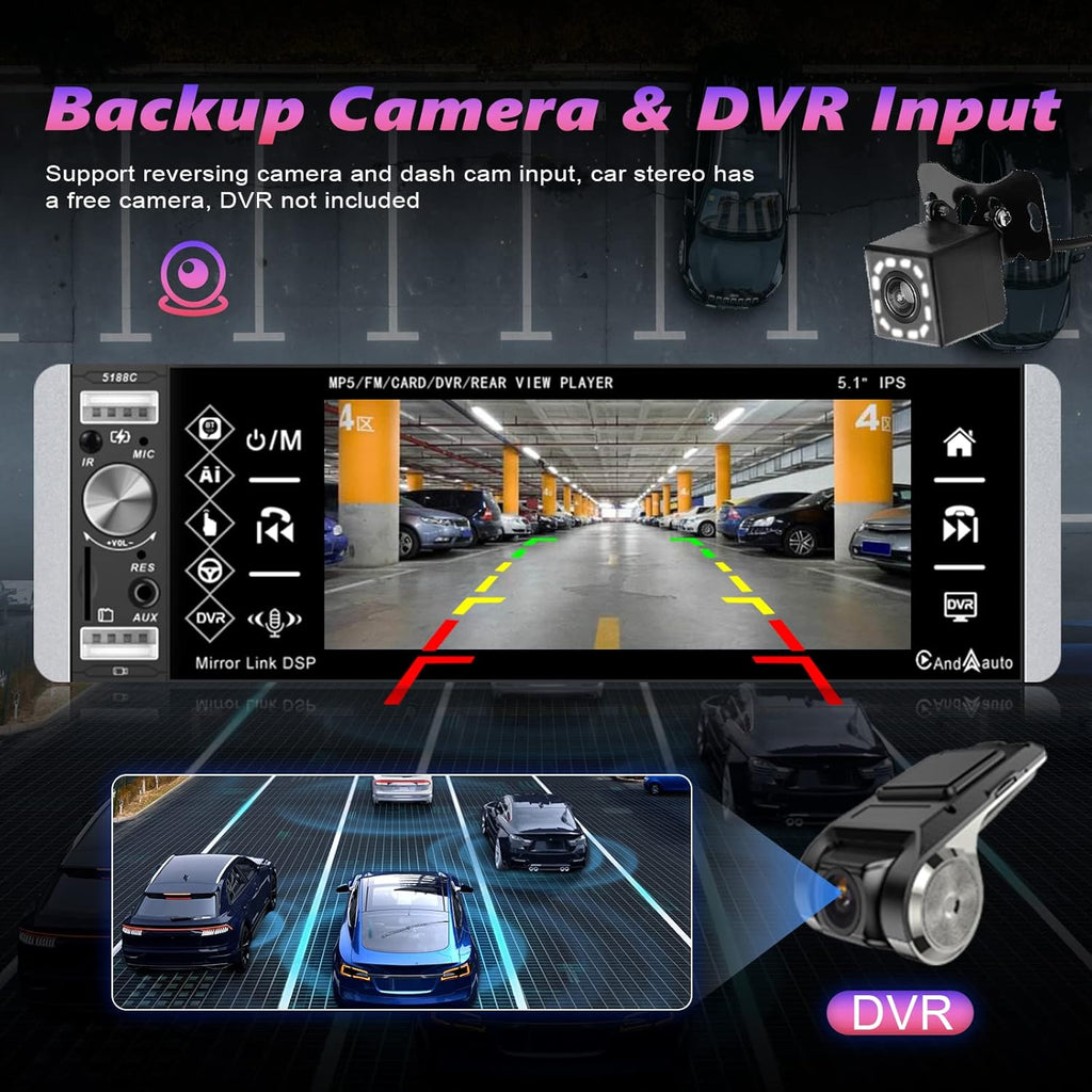 Single Din 5.1 Inch Touchscreen Car Stereo with Carplay Android Auto Bluetooth DVR FM RDS AM Tuner USB SD Aux SWC Microphone Backup Camera U107