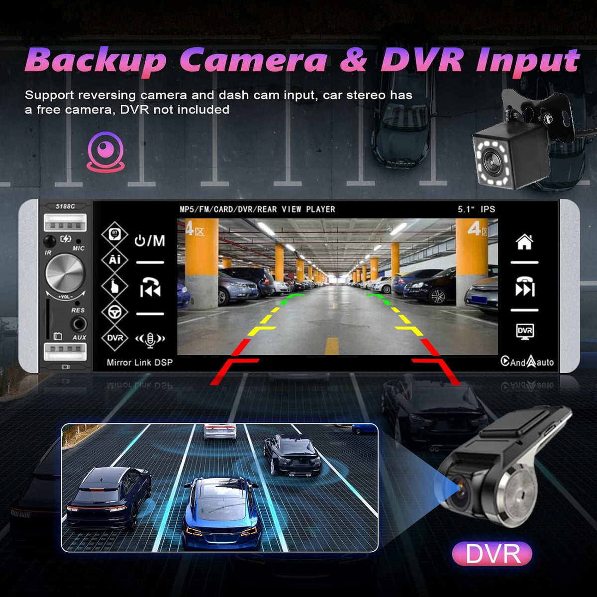 Single Din 5.1 Inch Touchscreen Car Stereo with Carplay Android Auto Bluetooth DVR FM RDS AM Tuner USB SD Aux SWC Microphone Backup Camera U107