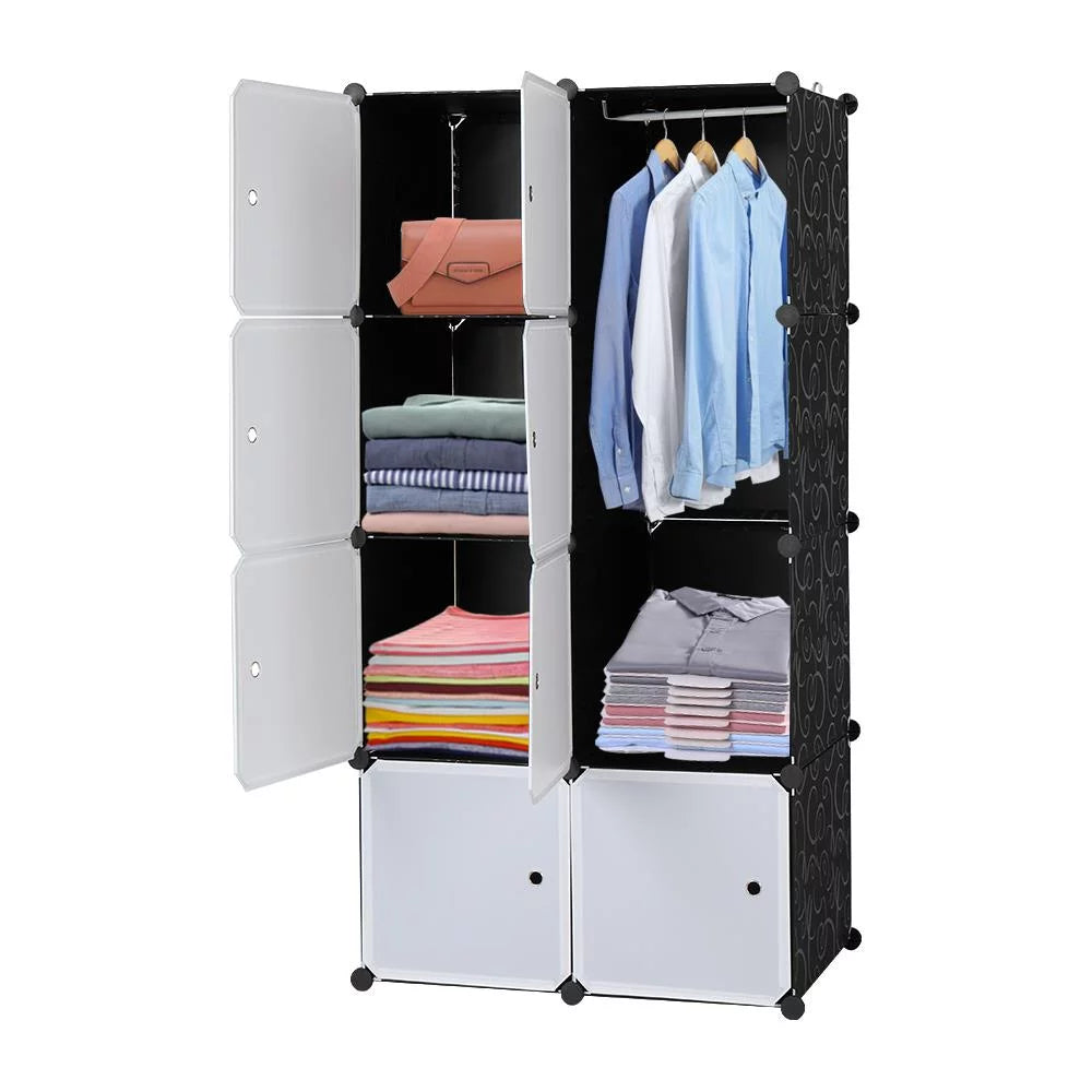 Portable Wardrobe Closet, 8-Cube Clothes Storage Organizer with Door & Hanging Rod, Black V461