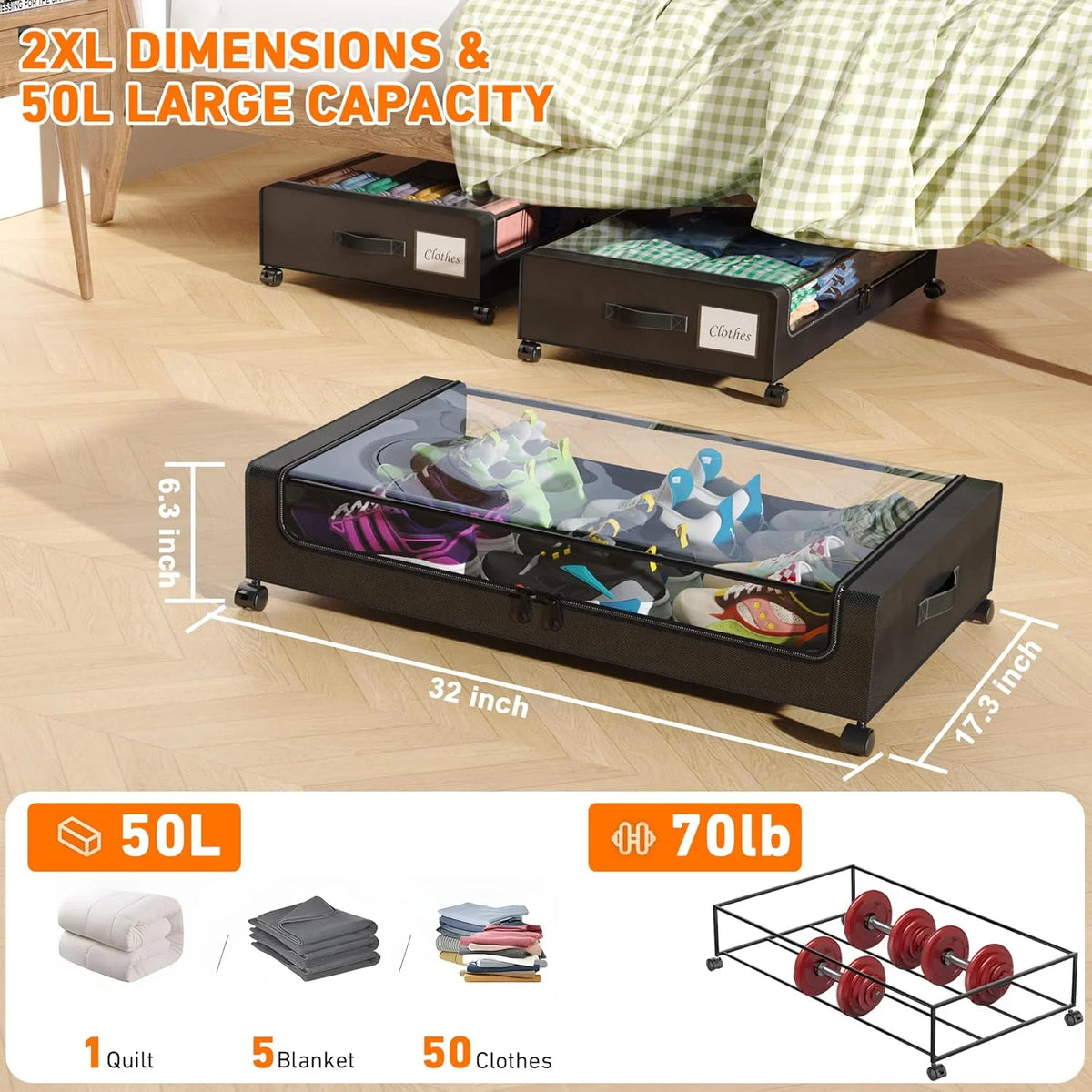 2-Pack Black Under Bed Storage Bins with Wheels and Clear Lids X8466