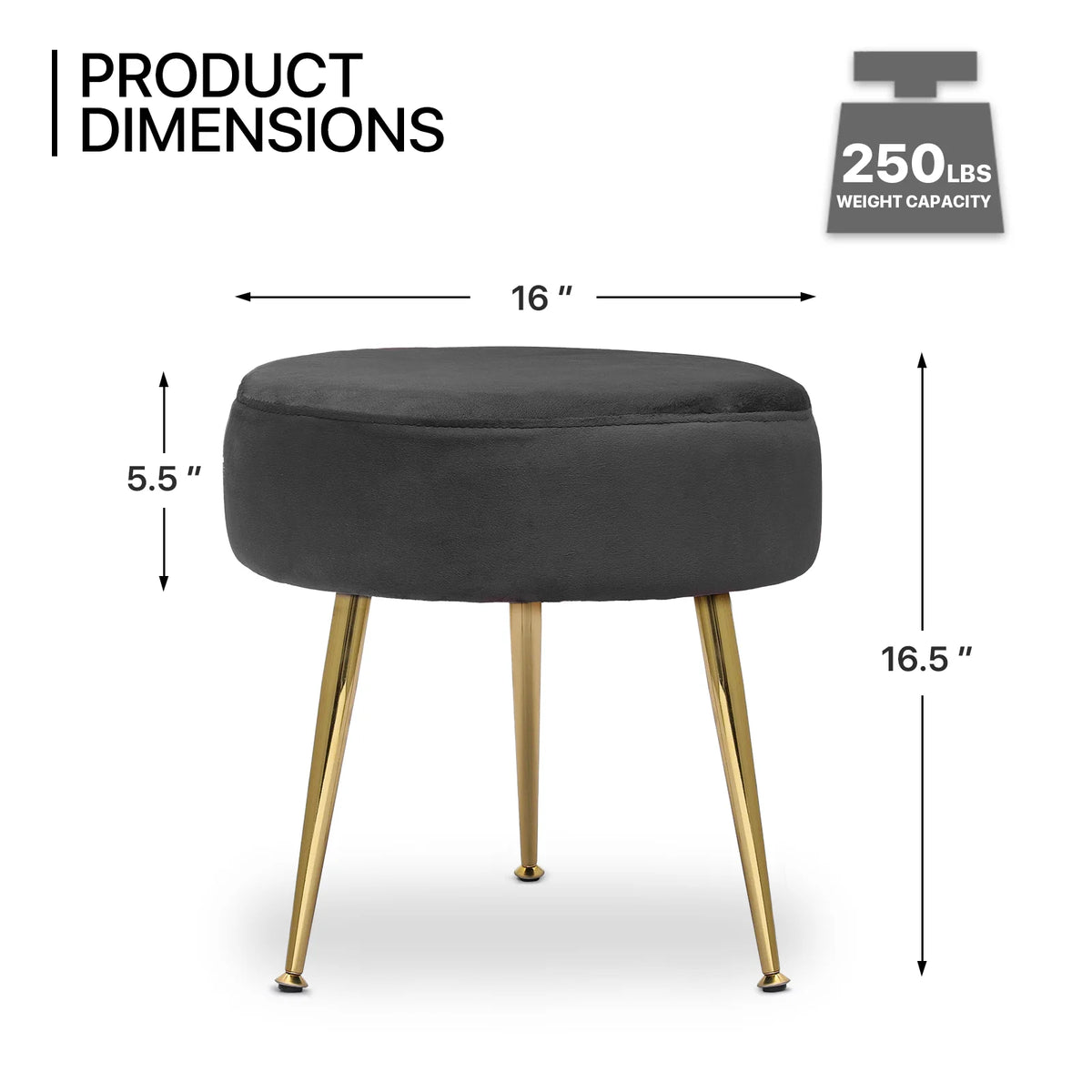 Black Velvet Round Ottoman with Metal Legs L903