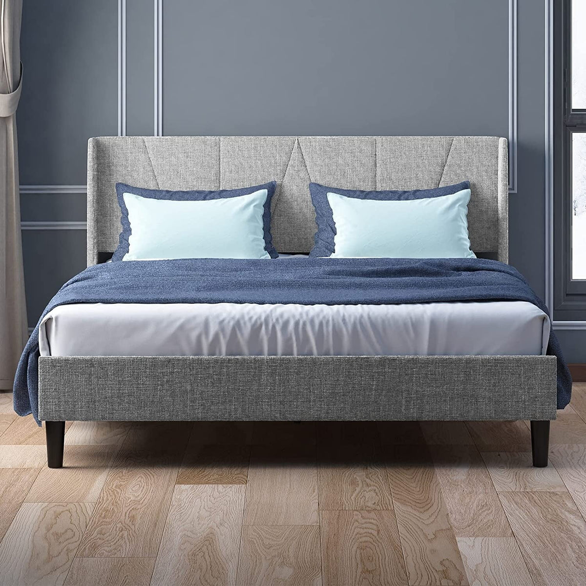 Light Grey Queen Upholstered Wingback Platform Bed Frame L77003