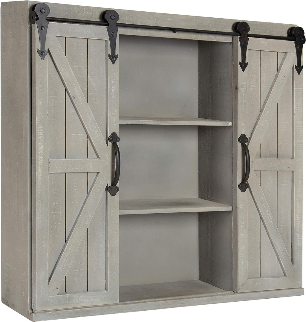 Rustic White Wood Wall Storage Cabinet with Two Sliding Barn Doors G7863