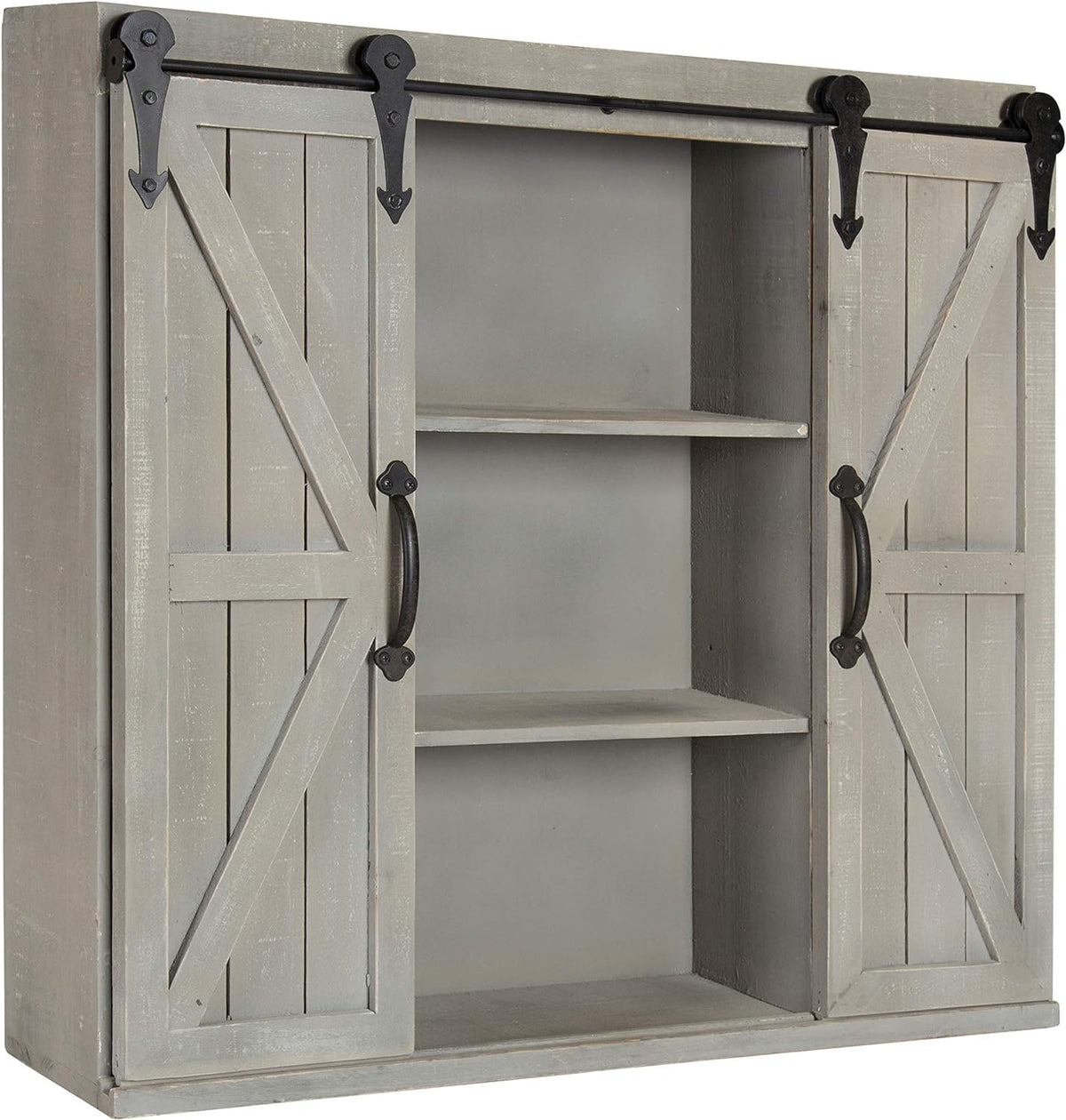 Rustic White Wood Wall Storage Cabinet with Two Sliding Barn Doors G7863