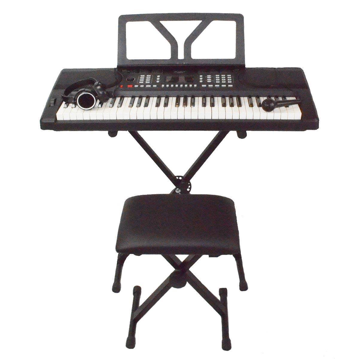 61 Key Portable Electronic Digital Keyboard Piano with Stand, Bench, Headphones, Microphone, Adapter M9395