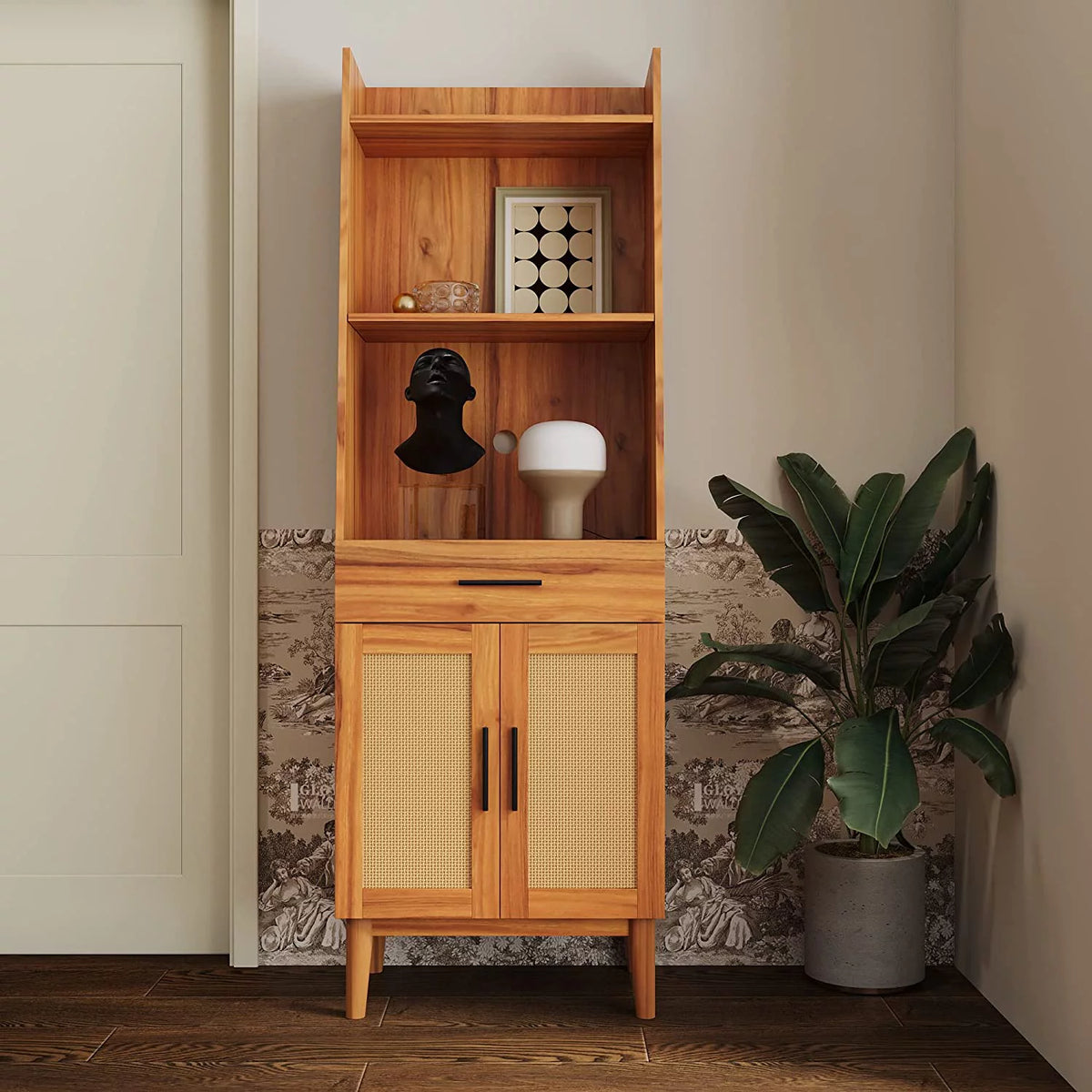 71" Tall Wood Bookcase with Doors and Drawers N58483