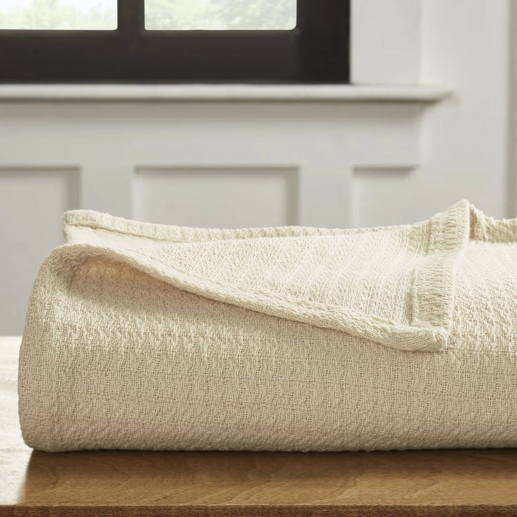 Ivory Waffle Weave Knit Cotton Blanket Twin Twin XL V206