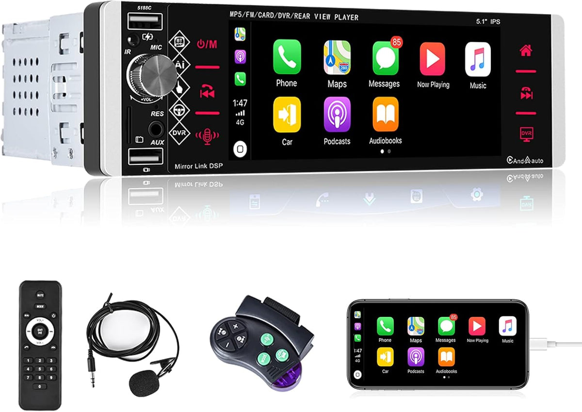 Single Din 5.1 Inch Touchscreen Car Stereo with Carplay Android Auto Bluetooth DVR FM RDS AM Tuner USB SD Aux SWC Microphone Backup Camera U107