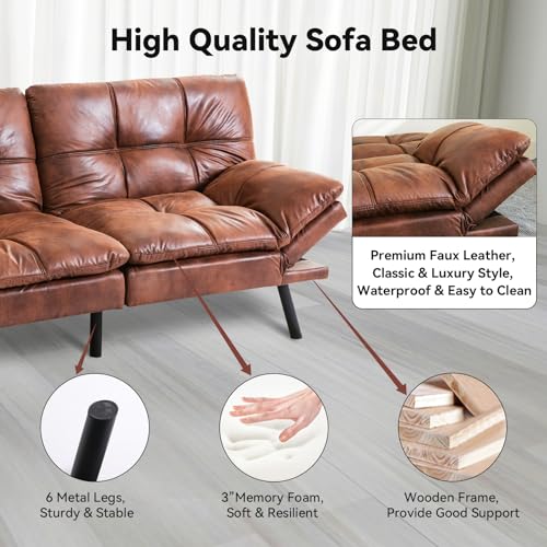 Brown Faux Leather Memory Foam Futon Sofa Bed O62782