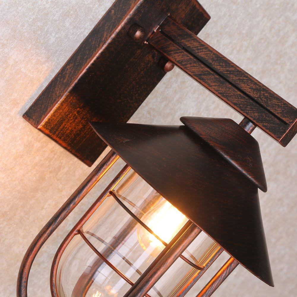 1-Light Metal Cage Clear Glass Wall Light in Antique Copper K42186